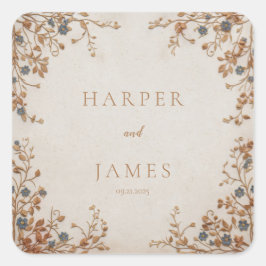 Pegatina Cuadrada Azul No me olvides Bordado en oro Crema Boda