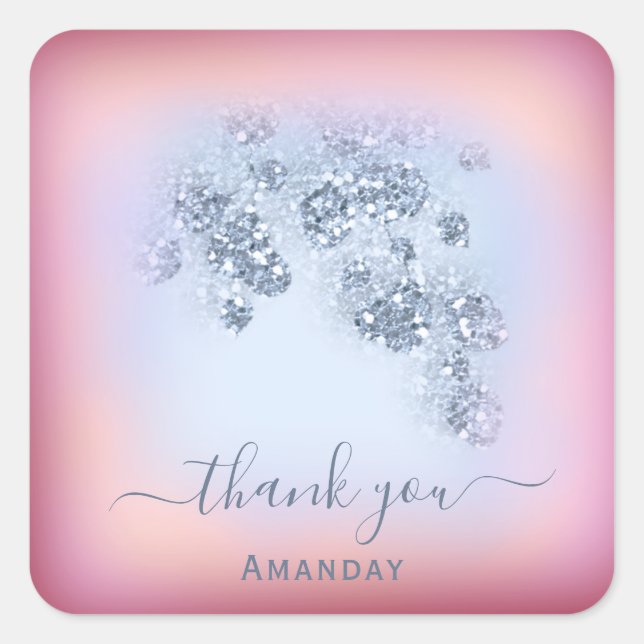 Pegatina Cuadrada Azul Polvoriento Brillo Burgundy Gracias Sweet 16 (Anverso)