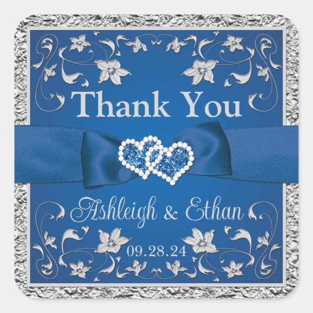 Pegatina Cuadrada Azul Real, Gris Dos Corazones, Un Amor (Anverso)