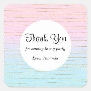Pegatina Cuadrada Azul rosado con línea dorada Fiesta Gracias