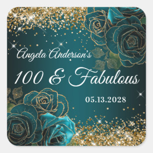 Pegatina Cuadrada Azul Teal Floral Dorado Brillante Glam 100 y Fabul