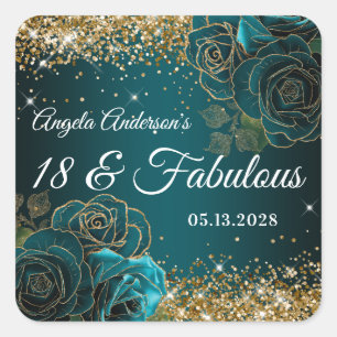 Pegatina Cuadrada Azul Teal Floral Dorado Brillante Glam 18 y Fabulo