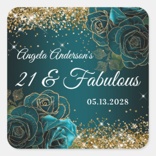 Pegatina Cuadrada Azul Teal Floral Dorado Brillante Glam 21 y Fabulo