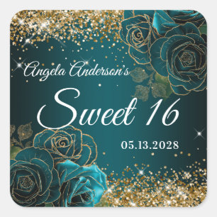 Pegatina Cuadrada Azul Teal Floral Dorado Brillante Glam Dulces 16