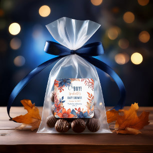 Pegatina Cuadrada Azul   Terracota Oh Boy Fall Floral Baby Shower