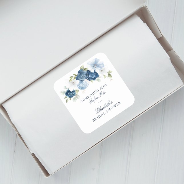 Pegatina Cuadrada Azul turbio antes de hacer ducha de novia floral (Floral Dusty Blue Botanical Bridal Shower Square Sticker)