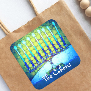 Pegatina Cuadrada Azul Verde Hanukkah Menorah Añadir el guión de nom