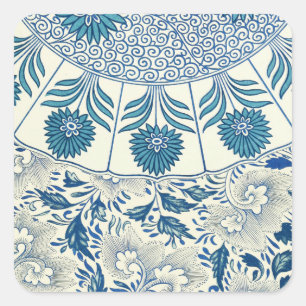 Pegatina Cuadrada Azul Vintage Floral Asiático: Chinoiserie Antiguo