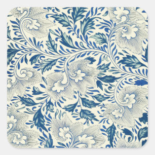 Pegatina Cuadrada Azul Vintage Floral Asiático: Chinoiserie Antiguo