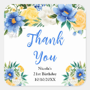 Pegatina Cuadrada Azul y Amarillo Floral Cumpleaños Gracias