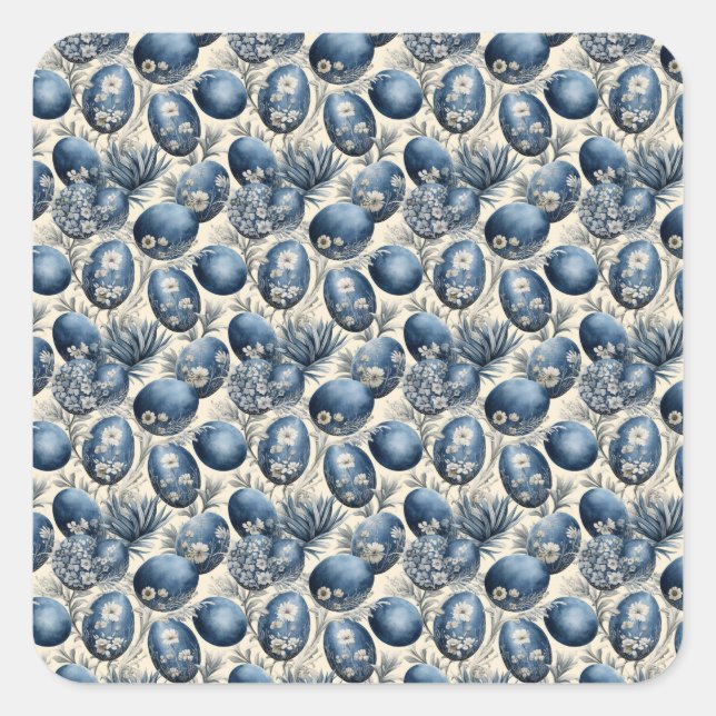 Pegatina Cuadrada Azul y Crema Patrón de Huevo Vintage (Anverso)