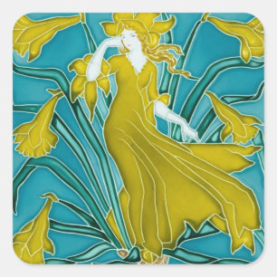 Pegatina Cuadrada Azulejo Art Nouveau de narciso amarillo de Walter