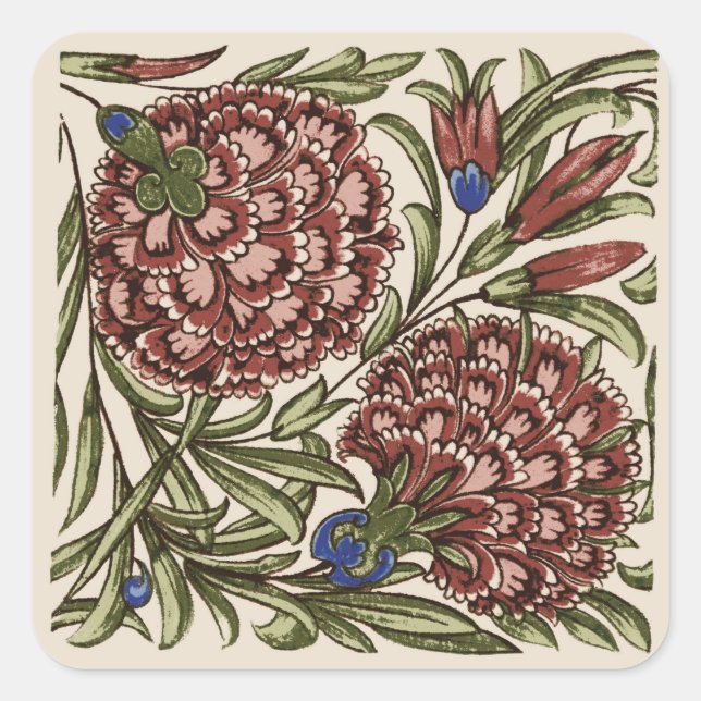 Pegatina Cuadrada Azulejo de Flor de Clavel Antiguo Rústico Arte De  (Anverso)