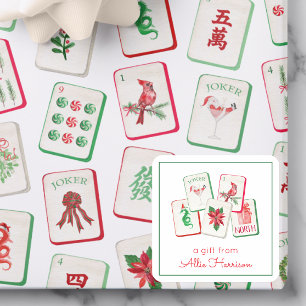 Pegatina Cuadrada Azulejos de Navidad Mahjong con Acuarela Enclosure