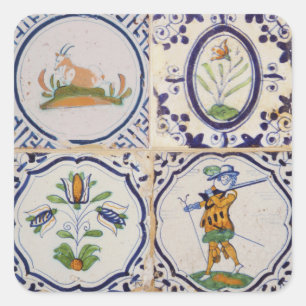Pegatina Cuadrada Azulejos holandeses vintage Delft del siglo XVII a