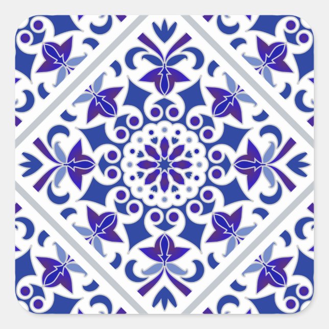 Pegatina Cuadrada Azulejos portugueses azules y blancos índigo (Anverso)