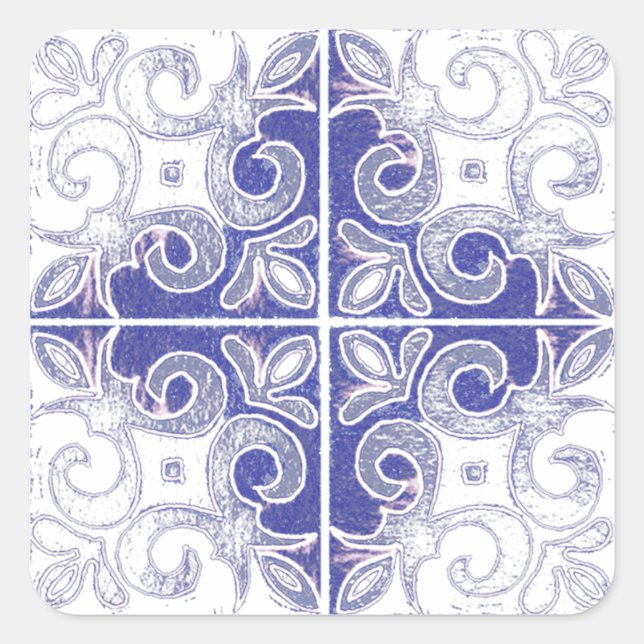 Pegatina Cuadrada Azulejos portugueses inspiran a Swirl Blue White (Anverso)
