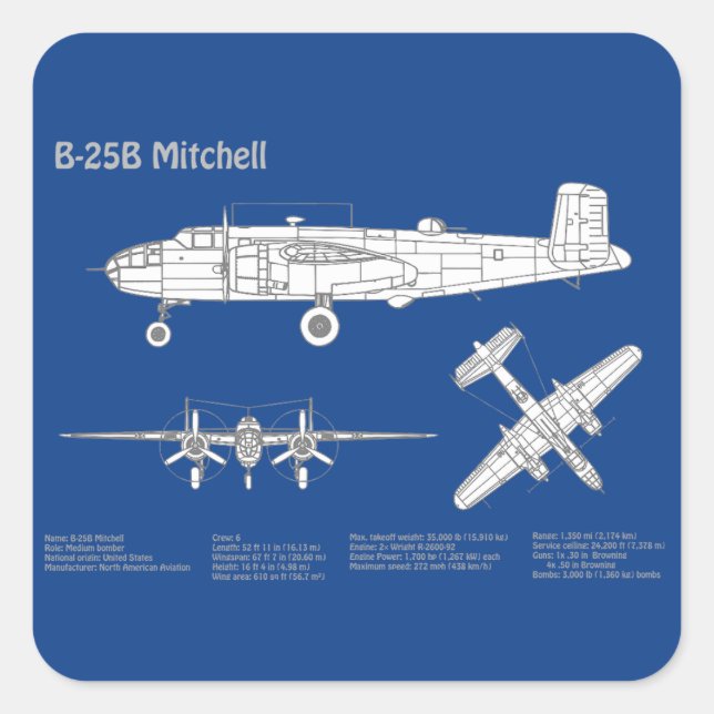 Pegatina Cuadrada B-25B Mitchell Doolittle - Airplane Blueprint ABD (Anverso)