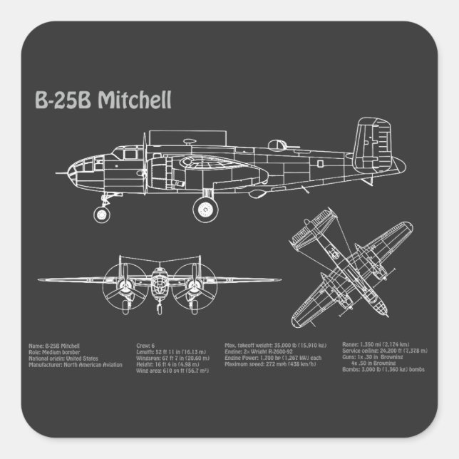 Pegatina Cuadrada B-25B Mitchell Doolittle - Airplane Blueprint PD (Anverso)