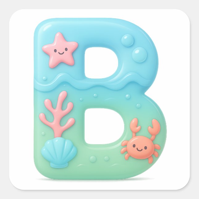 Pegatina Cuadrada "B" Cute Bubble Letter - Underwater Sea Creature A (Anverso)