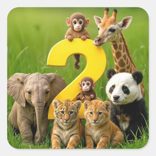 Pegatina Cuadrada Baby African Animals With a Big Number Two (Anverso)