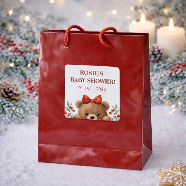 Pegatina Cuadrada Baby Bear And Rowan Berries Baby Shower (Baby Bear And Rowan Berries Baby Shower Square Sticker)