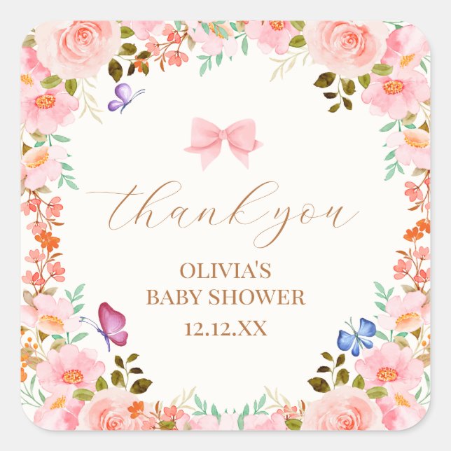 Pegatina Cuadrada Baby Bloom Floral Butterfly Baby Shower Gracias (Anverso)