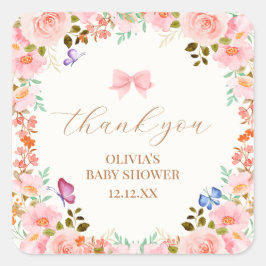 Pegatina Cuadrada Baby Bloom Floral Butterfly Baby Shower Gracias