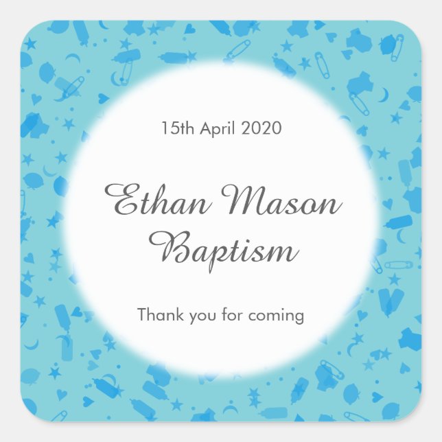 Pegatina Cuadrada Baby Blue Confetti Baptism Christening Favor (Anverso)