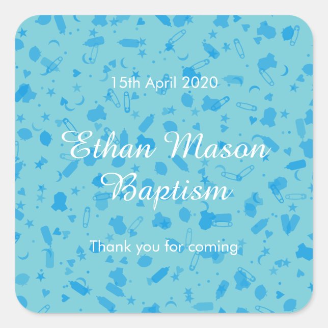 Pegatina Cuadrada Baby Blue Confetti Baptism Christening Favor (Anverso)