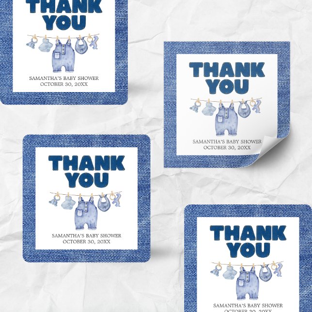 Pegatina Cuadrada Baby Blue Jean Baby Shower (Blue Jean Denim Baby Shower Sticker)