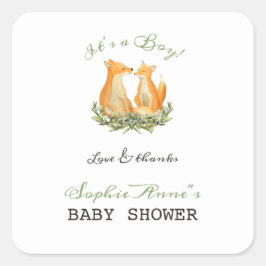 Pegatina Cuadrada Baby Boy Sweet Fox Woodland Baby Shower