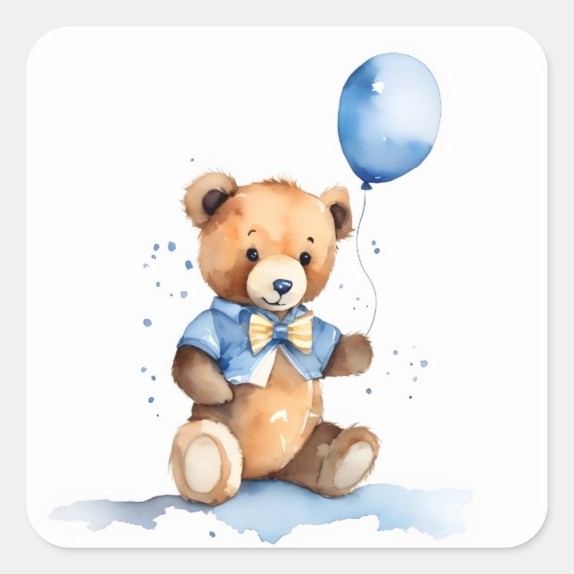 Pegatina Cuadrada Baby Boy Teddy Bear With Blue Balloon (Anverso)
