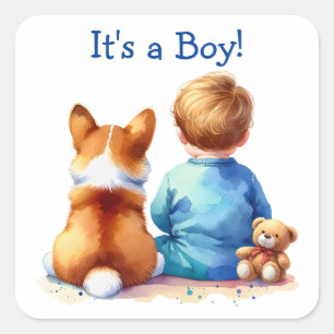 Pegatina Cuadrada Baby Boy y su Corgi Puppy Baby Shower