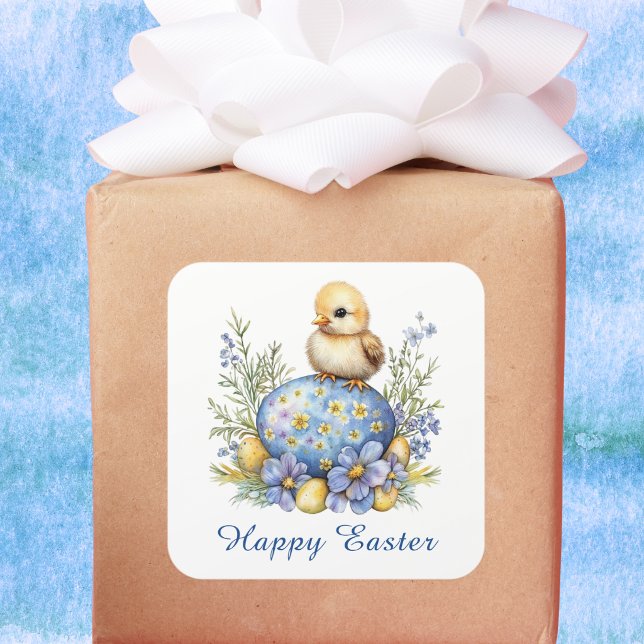 Pegatina Cuadrada Baby Chick Happy Easter Egg Blue Yellow Flowers (Subido por el creador)