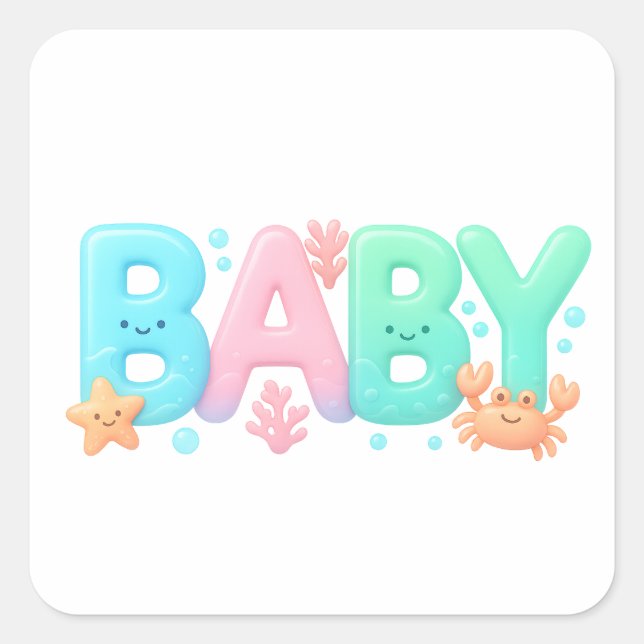 Pegatina Cuadrada BABY Cute Ocean Pastel Glossy Text (Anverso)