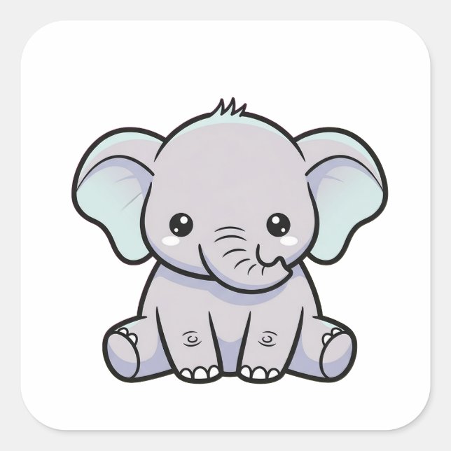 Pegatina Cuadrada Baby Elephant – Cute Kawaii Illustration (Anverso)