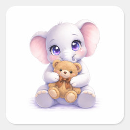 Pegatina Cuadrada Baby Elephant Hugging Teddy Bear Square Sticker