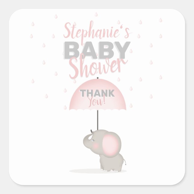 Pegatina Cuadrada Baby Elephant Pink Baby Shower (Anverso)