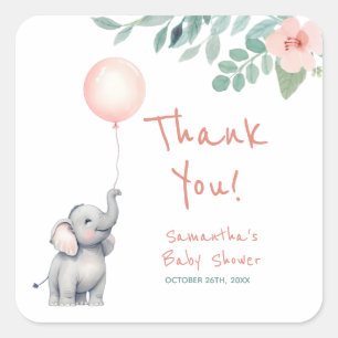 Pegatina Cuadrada Baby Elephant Pink Baby Shower Gracias A Favor
