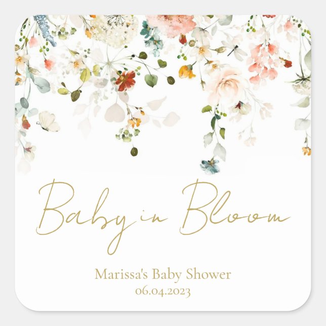 Pegatina Cuadrada Baby en Flor Baby Shower (Anverso)