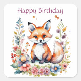 Pegatina Cuadrada Baby Fox en Flores Feliz cumpleaños