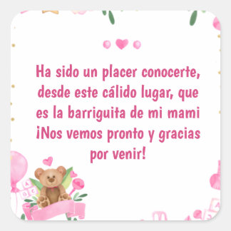 Pegatina Cuadrada Baby Girl Coming Bear Baby Shower Pink