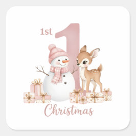 Pegatina Cuadrada Baby Girl First Christmas Snowman Deer