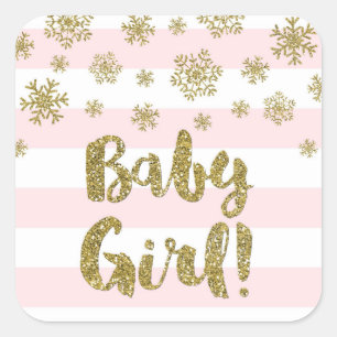 Pegatina Cuadrada Baby Girl Pink Stripe Gold Snow Winter Baby Shower
