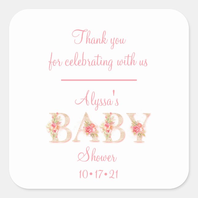 Pegatina Cuadrada Baby Girl Shower Gracias (Anverso)