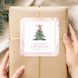 Pegatina Cuadrada Baby hace frío fuera Pink Bow Baby Shower