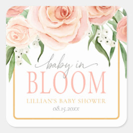 Pegatina Cuadrada Baby in Bloom Blush Pink Rose Floral Baby Shower