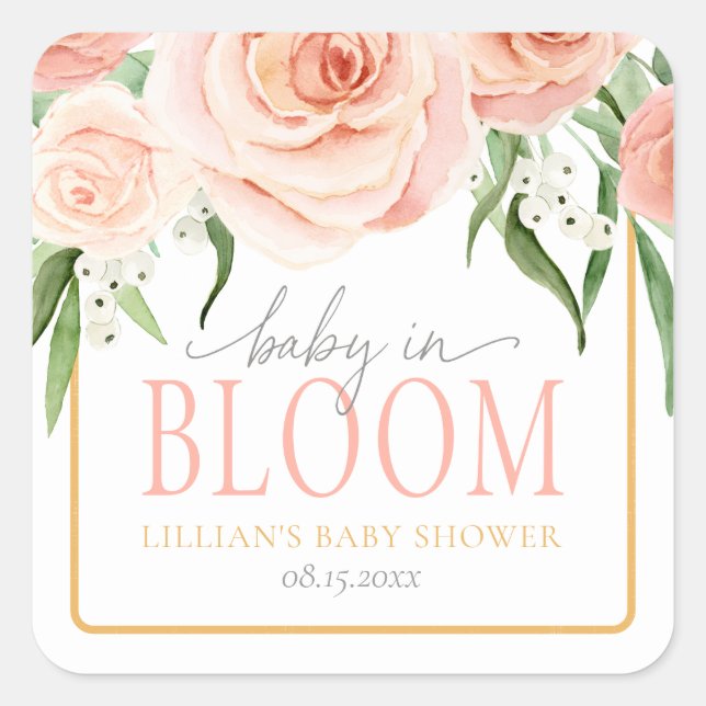 Pegatina Cuadrada Baby in Bloom Blush Pink Rose Floral Baby Shower (Anverso)