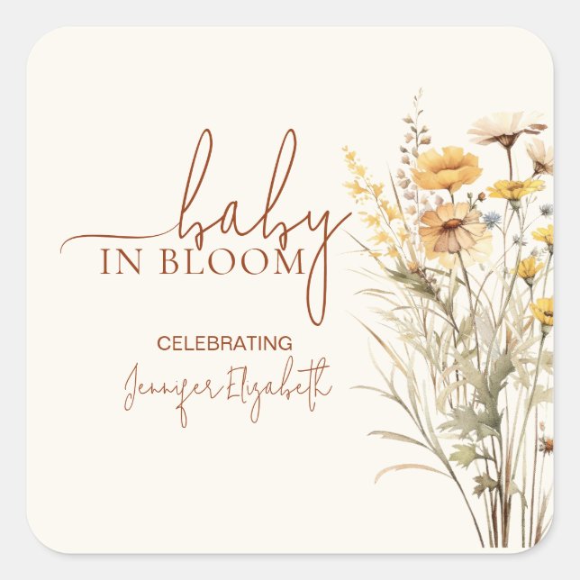 Pegatina Cuadrada Baby in Bloom Wildflower Baby Shower (Anverso)